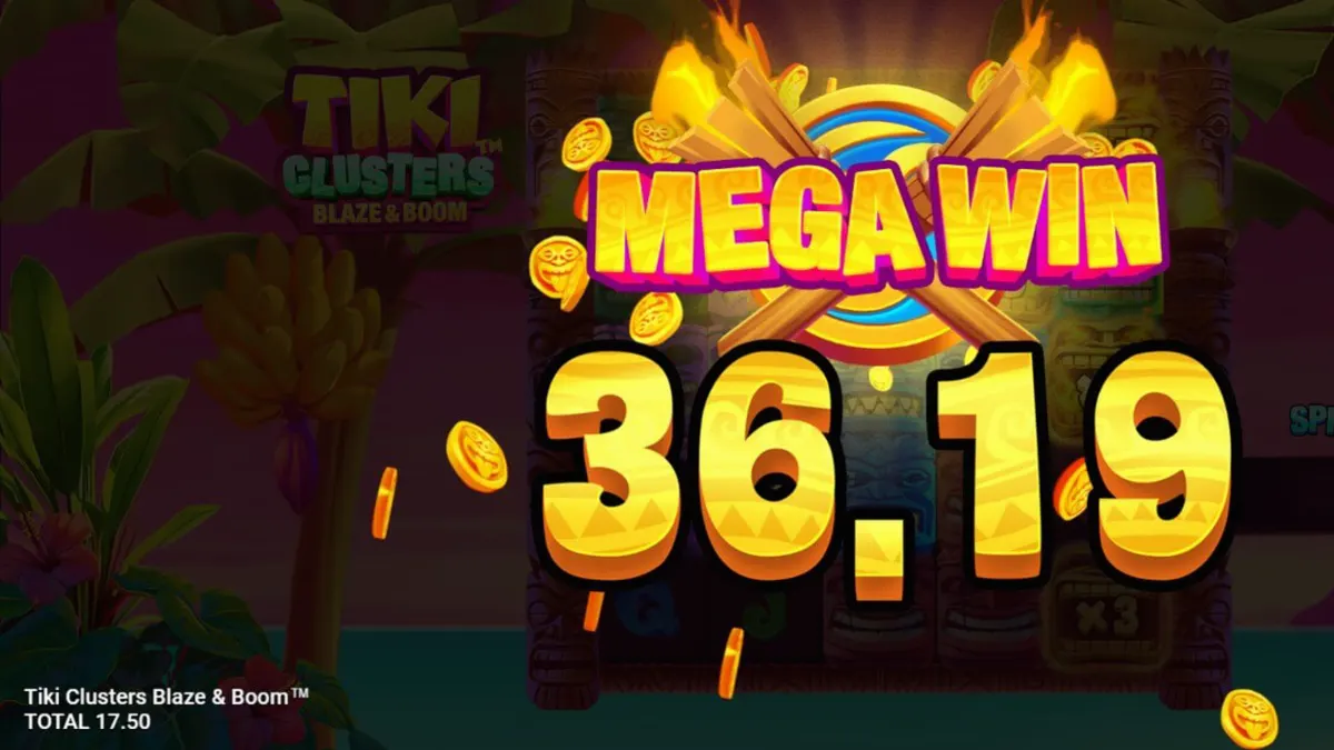Tiki Clusters Blaze & Boom slot visual theme with tropical island background